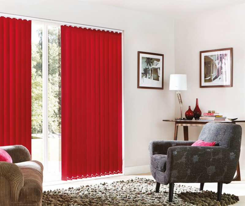 Room shot of red vertical blinds
